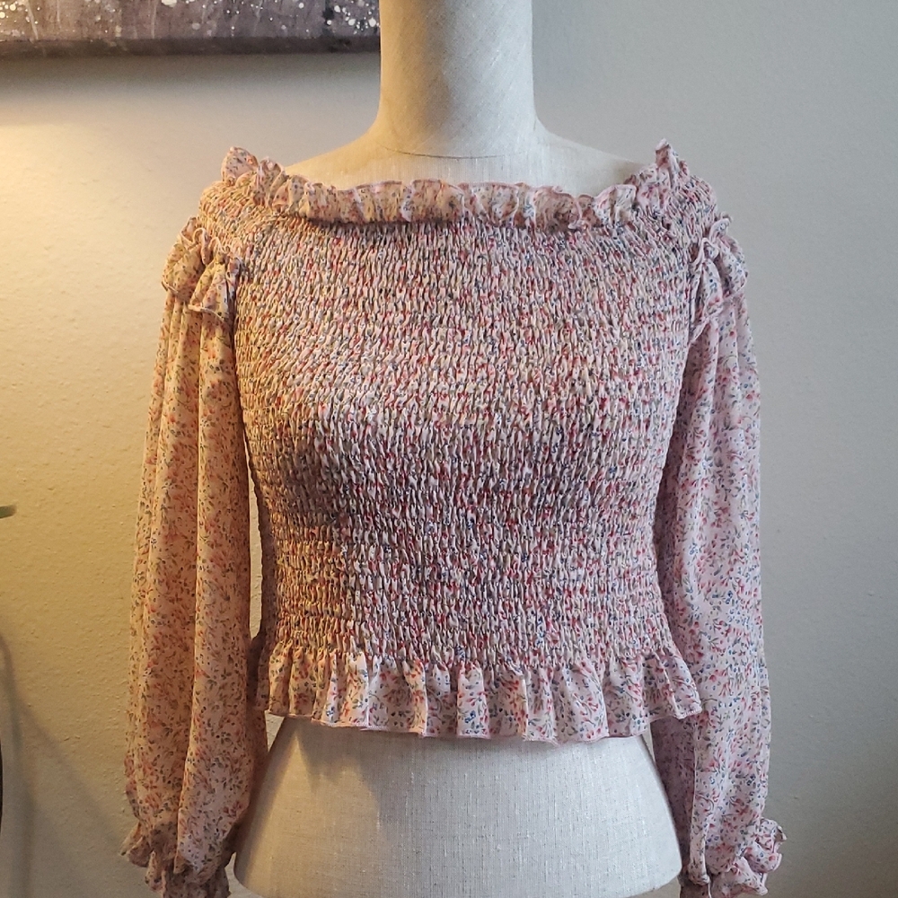 She + Sky Floral Smocked Crop Top - Pink and White